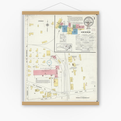 Old map wall art mockup — magnetic wood frame on white wall — Sanborn Fire Insurance Map from Chapel Hill, Orange County, North Carolina (1915), Sheet #0001