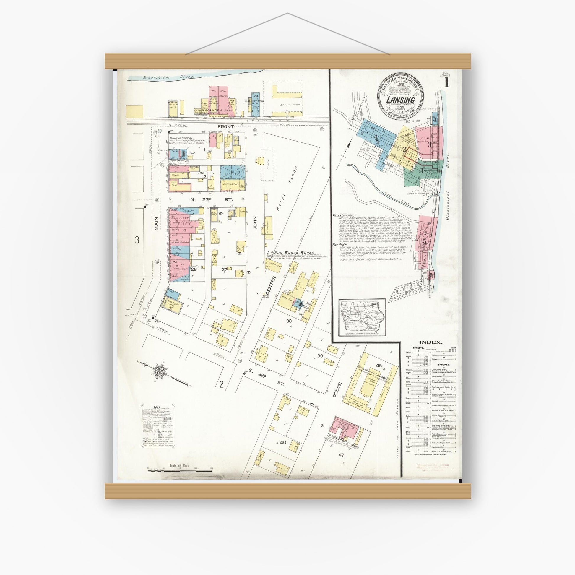 Old map wall art mockup — magnetic wood frame on white wall — Sanborn Fire Insurance Map from Lansing, Allamakee County, Iowa (1912), Sheet #0001