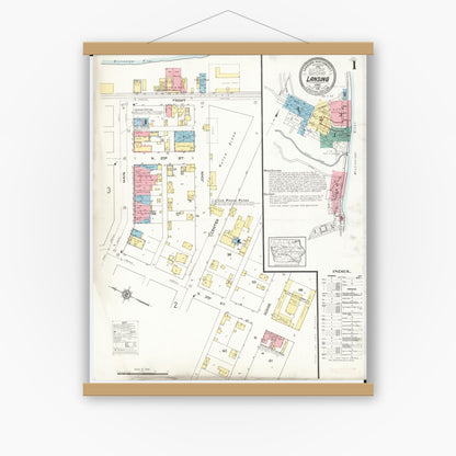 Old map wall art mockup — magnetic wood frame on white wall — Sanborn Fire Insurance Map from Lansing, Allamakee County, Iowa (1912), Sheet #0001