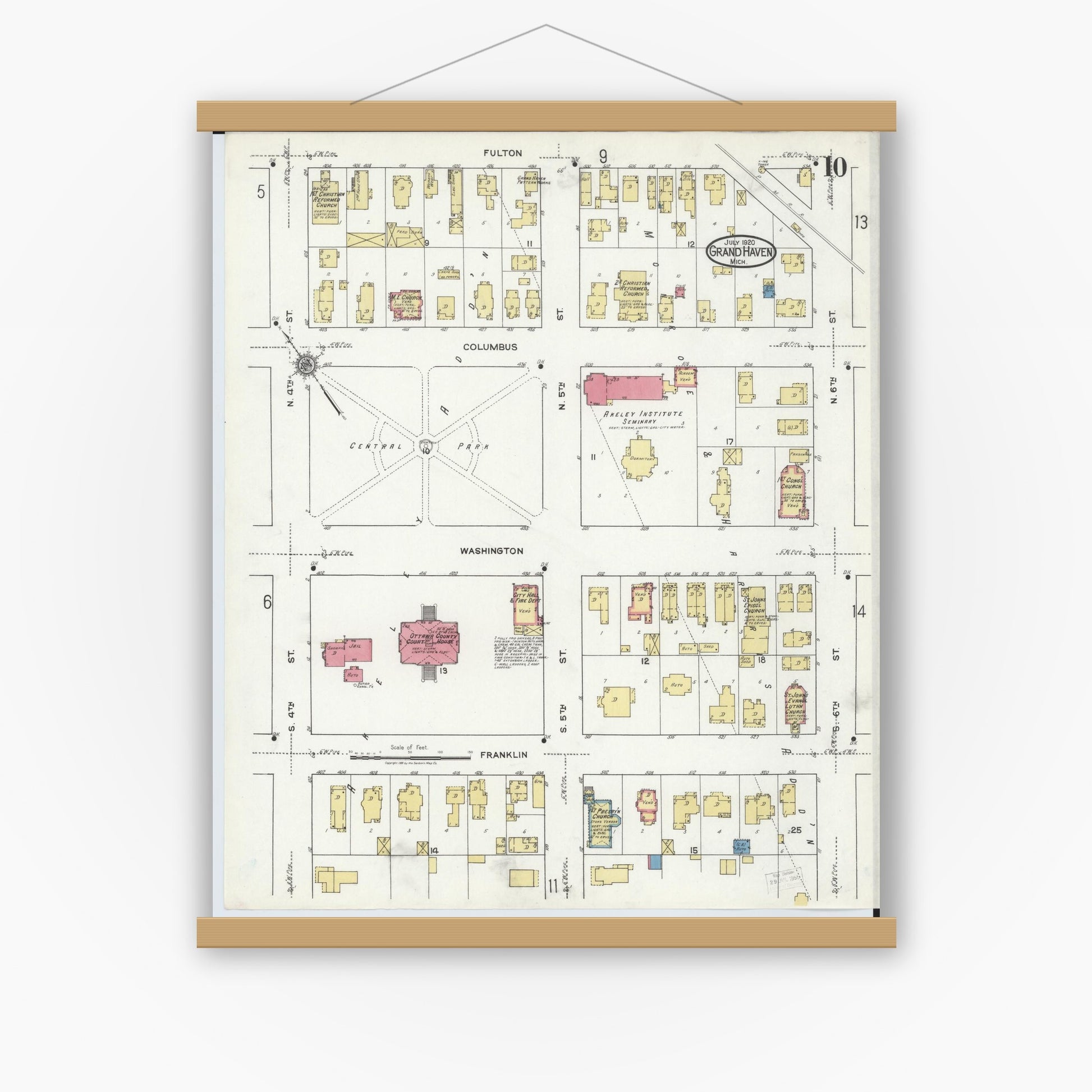 Old map wall art mockup — magnetic wood frame on white wall — Sanborn Fire Insurance Map from Grand Haven, Ottawa County, Michigan (1920), Sheet #0010