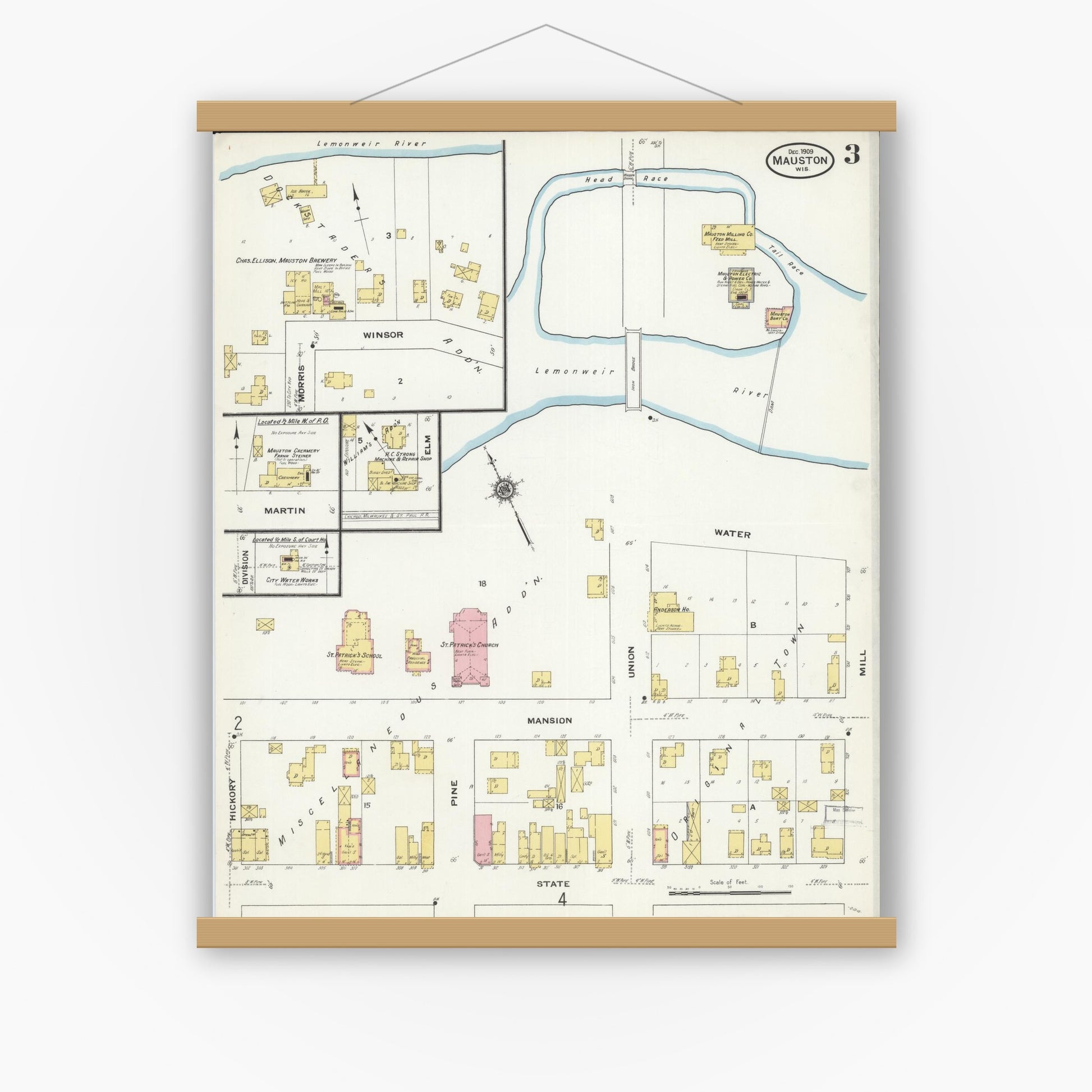 Old map wall art mockup — magnetic wood frame on white wall — Sanborn Fire Insurance Map from Mauston, Juneau County, Wisconsin (1909), Sheet #0003
