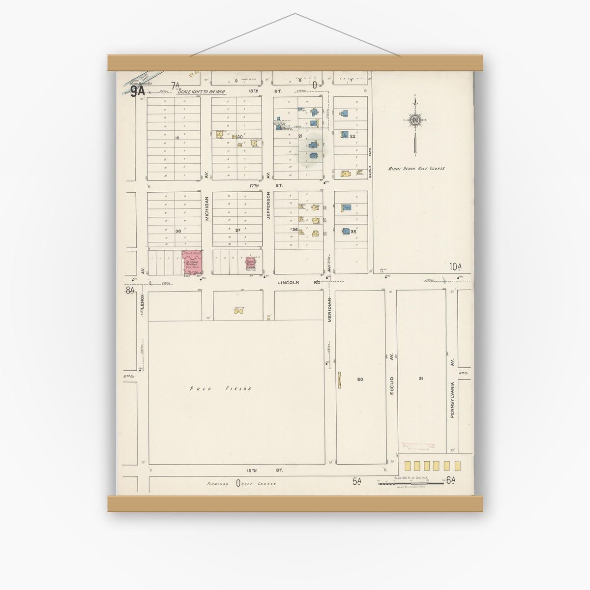 Old map wall art mockup — magnetic wood frame on white wall — Sanborn Fire Insurance Map from Miami Beach, Dade County, Florida (1921), Sheet #0009