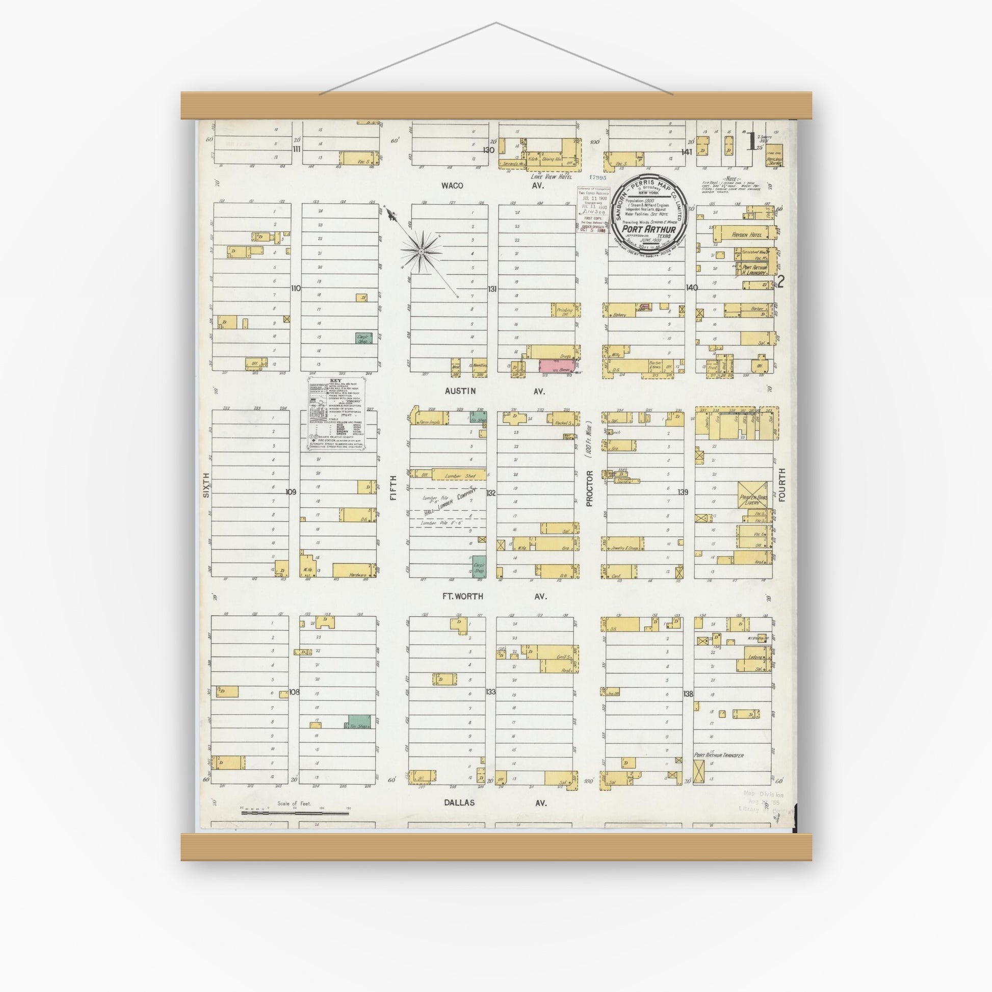 Old map wall art mockup — magnetic wood frame on white wall — Sanborn Fire Insurance Map from Port Arthur, Jefferson County, Texas (1900) - Complete Map Set