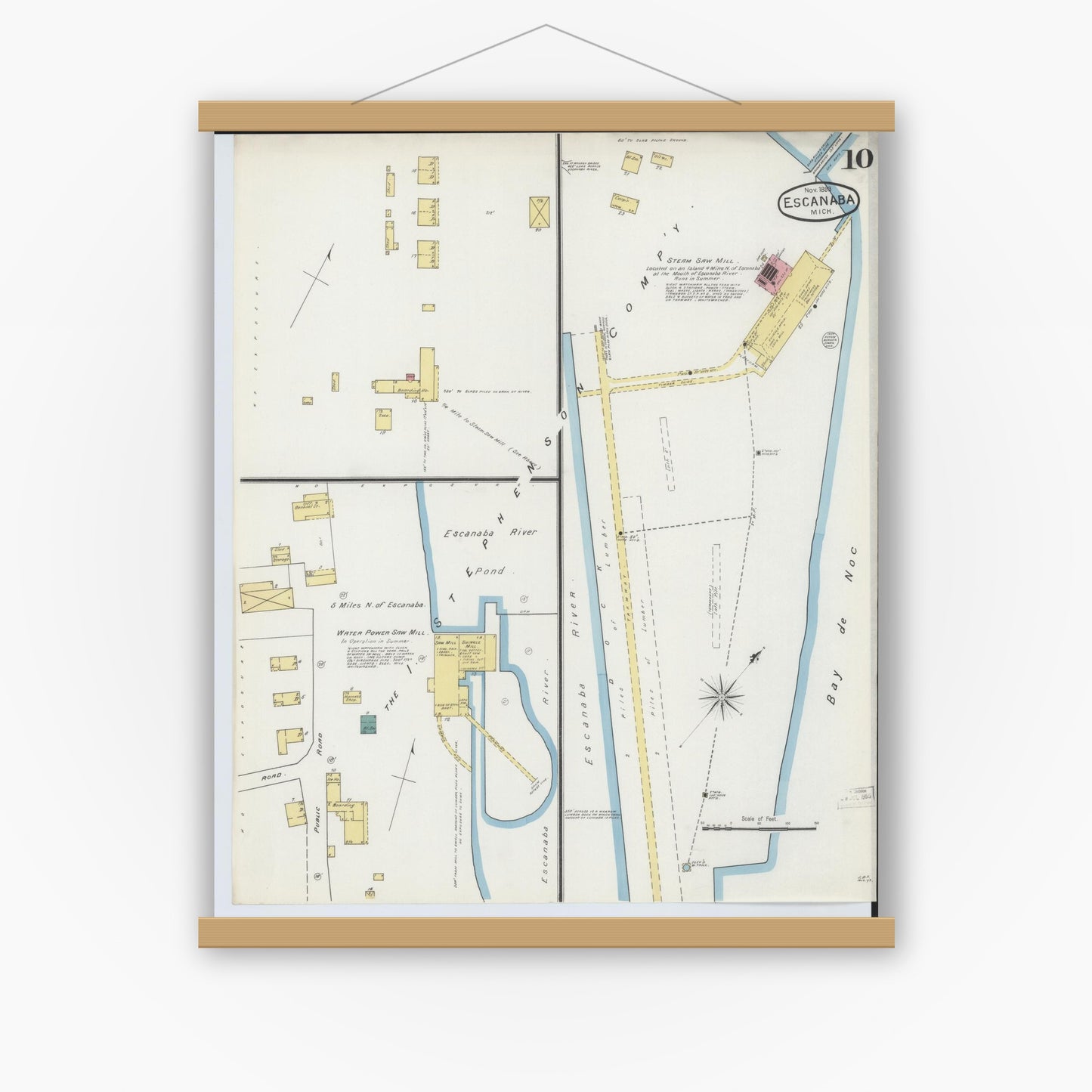 Old map wall art mockup — magnetic wood frame on white wall — Sanborn Fire Insurance Map from Escanaba, Delta County, Michigan (1893), Sheet #0010
