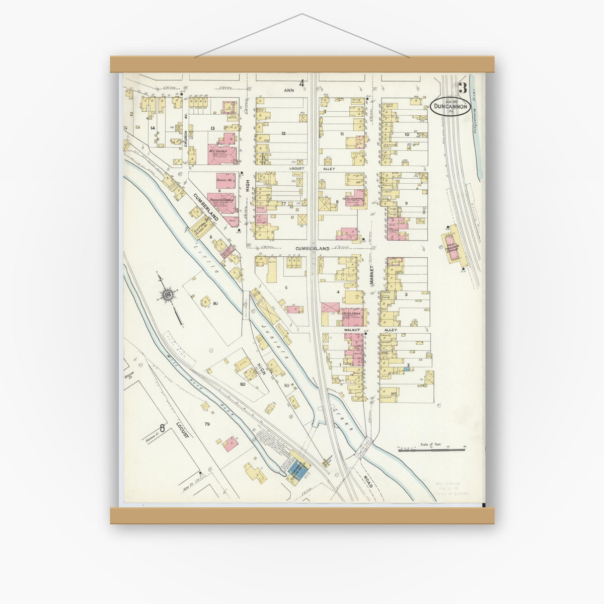 Old map wall art mockup — magnetic wood frame on white wall — Sanborn Fire Insurance Map from Duncannon, Perry County, Pennsylvania (1911), Sheet #0003