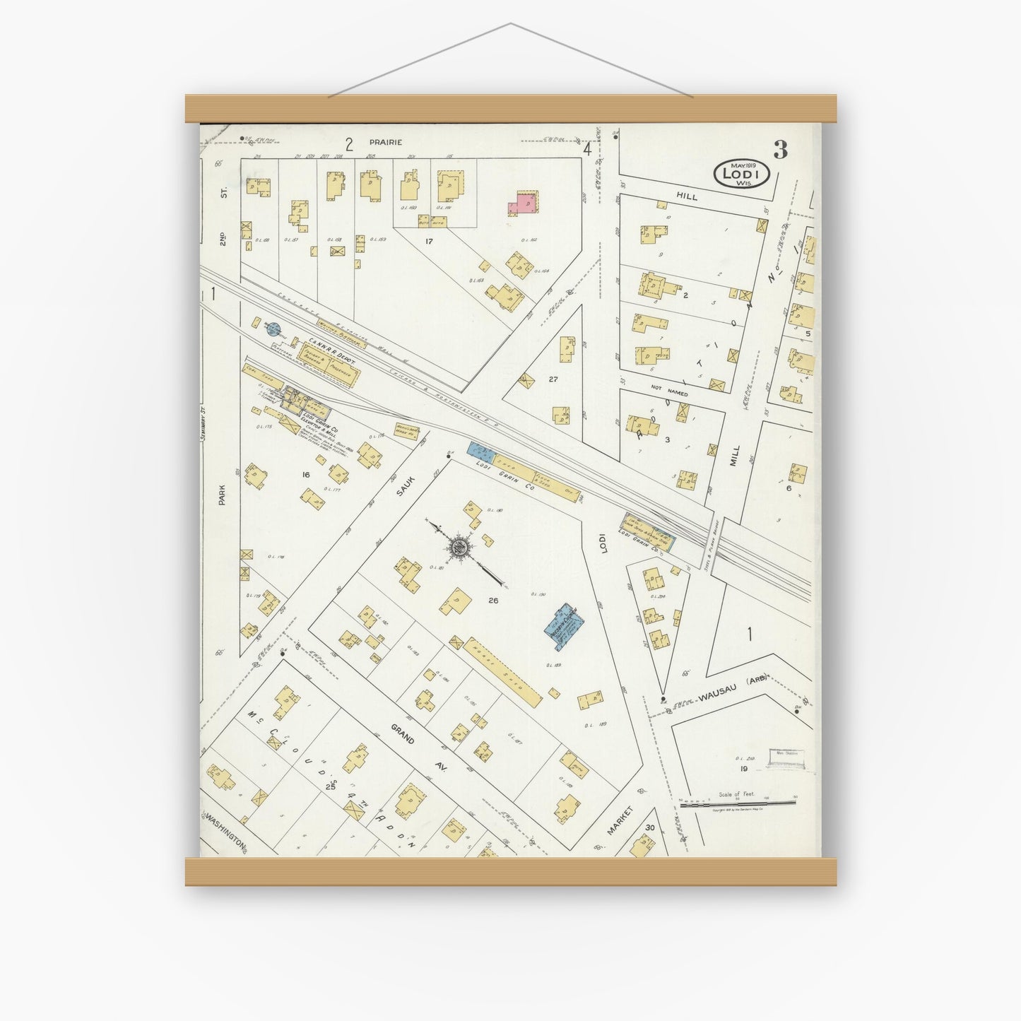 Old map wall art mockup — magnetic wood frame on white wall — Sanborn Fire Insurance Map from Lodi, Columbia County, Wisconsin (1919), Sheet #0003