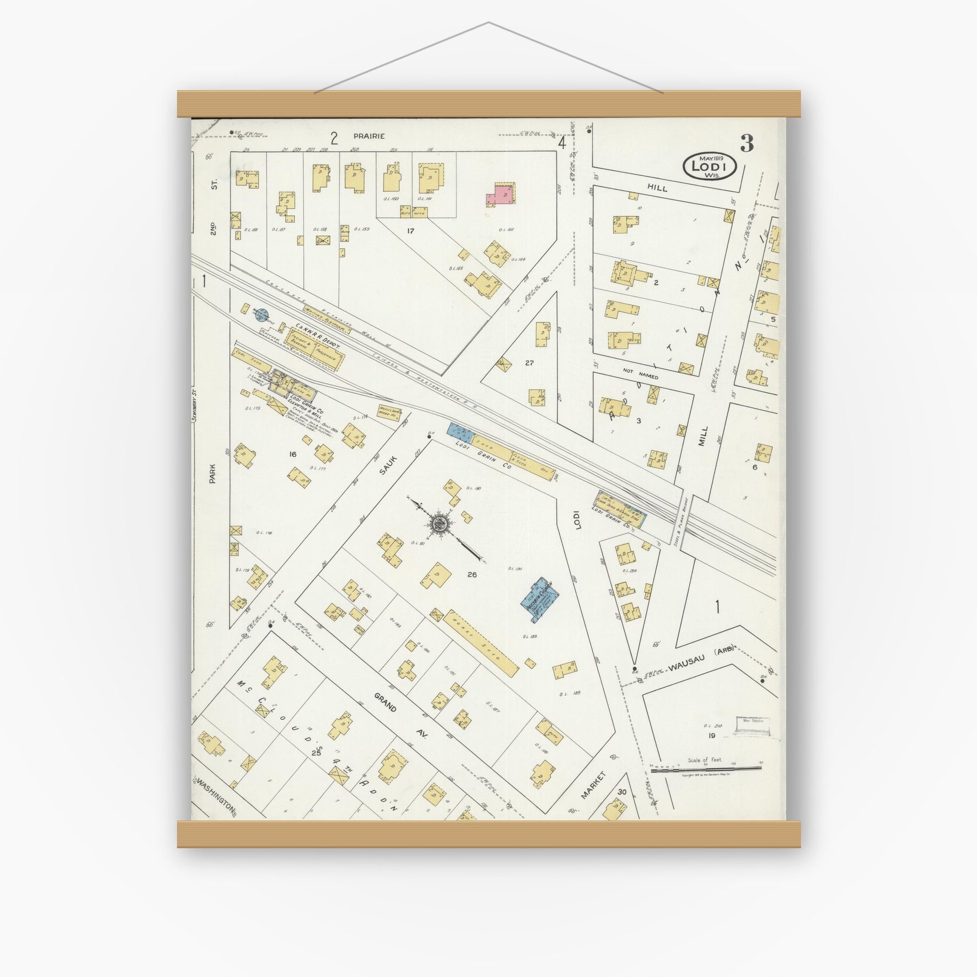 Old map wall art mockup — magnetic wood frame on white wall — Sanborn Fire Insurance Map from Lodi, Columbia County, Wisconsin (1919), Sheet #0003