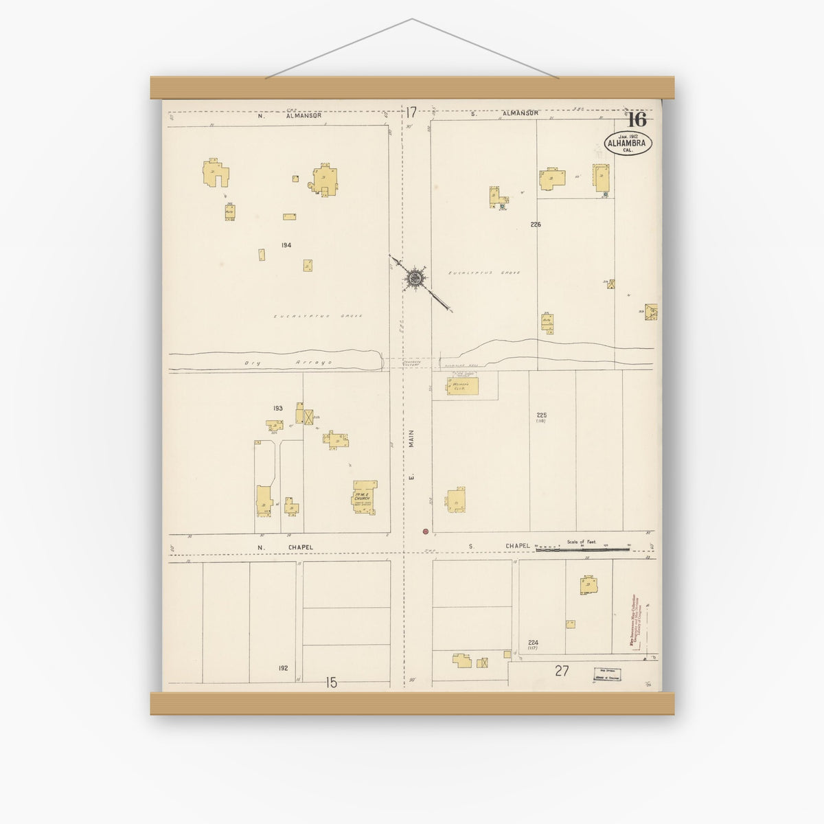Old map wall art mockup — magnetic wood frame on white wall — Sanborn Fire Insurance Map from Alhambra, Los Angeles County, California (1912), Sheet #0016