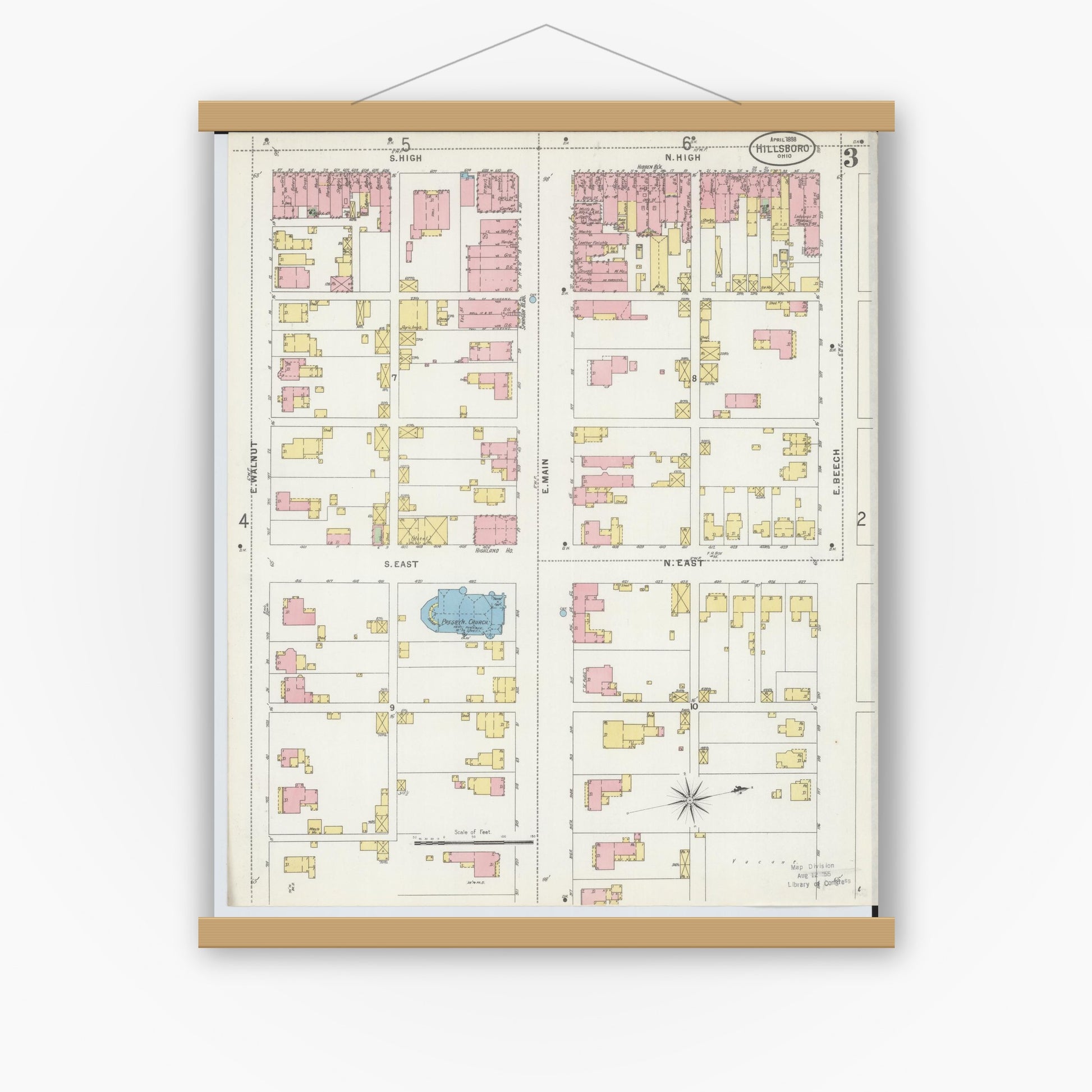 Old map wall art mockup — magnetic wood frame on white wall — Sanborn Fire Insurance Map from Hillsboro, Highland County, Ohio (1898), Sheet #0003