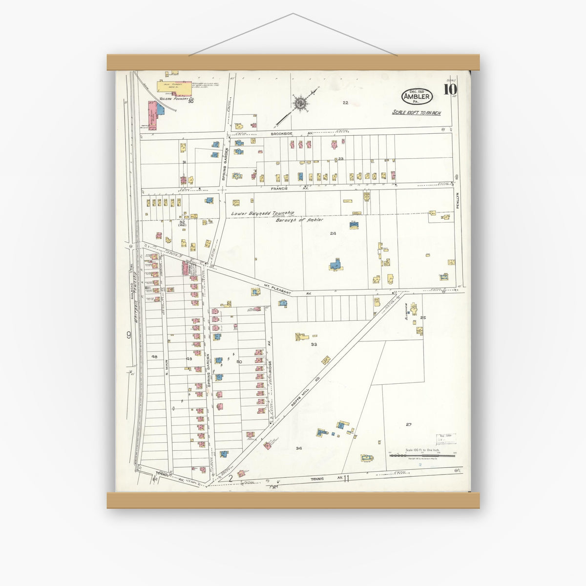 Old map wall art mockup — magnetic wood frame on white wall — Sanborn Fire Insurance Map from Ambler, Montgomery County, Pennsylvania (1921), Sheet #0010