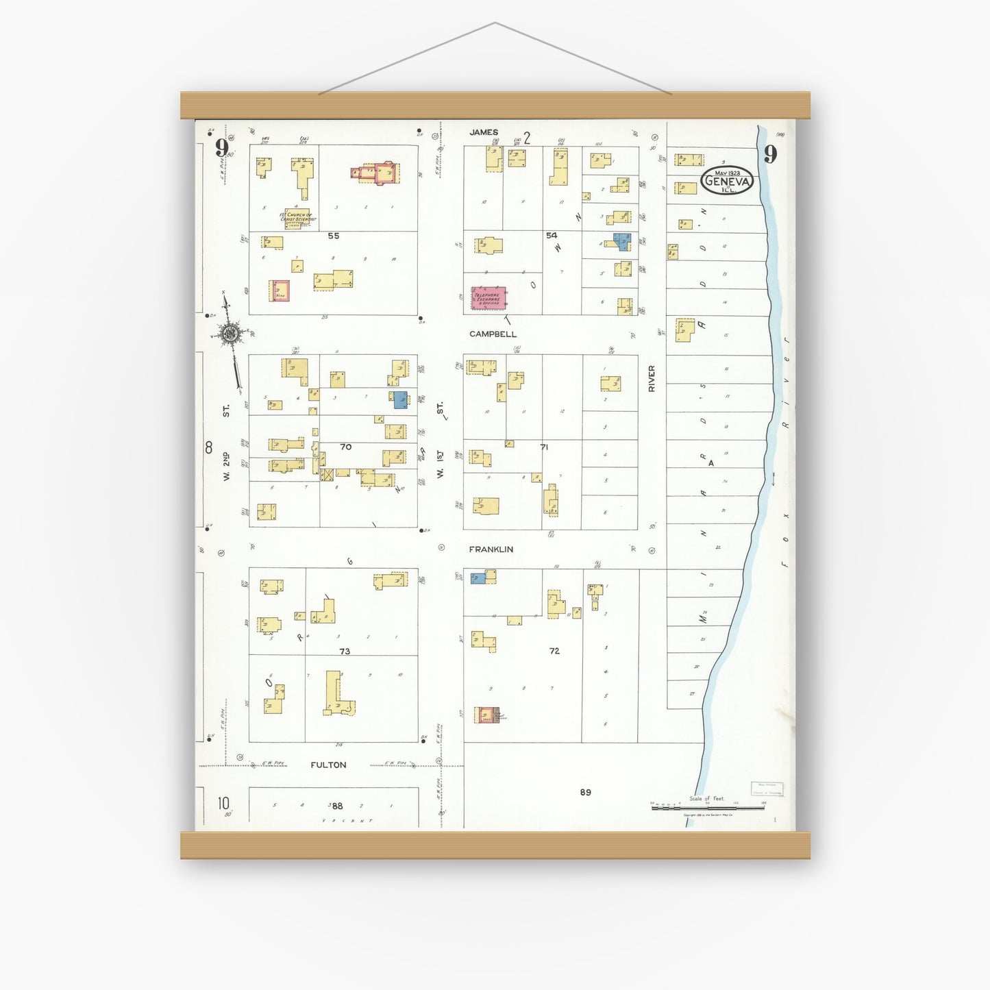 Old map wall art mockup — magnetic wood frame on white wall — Sanborn Fire Insurance Map from Geneva, Kane County, Illinois (1923), Sheet #0009