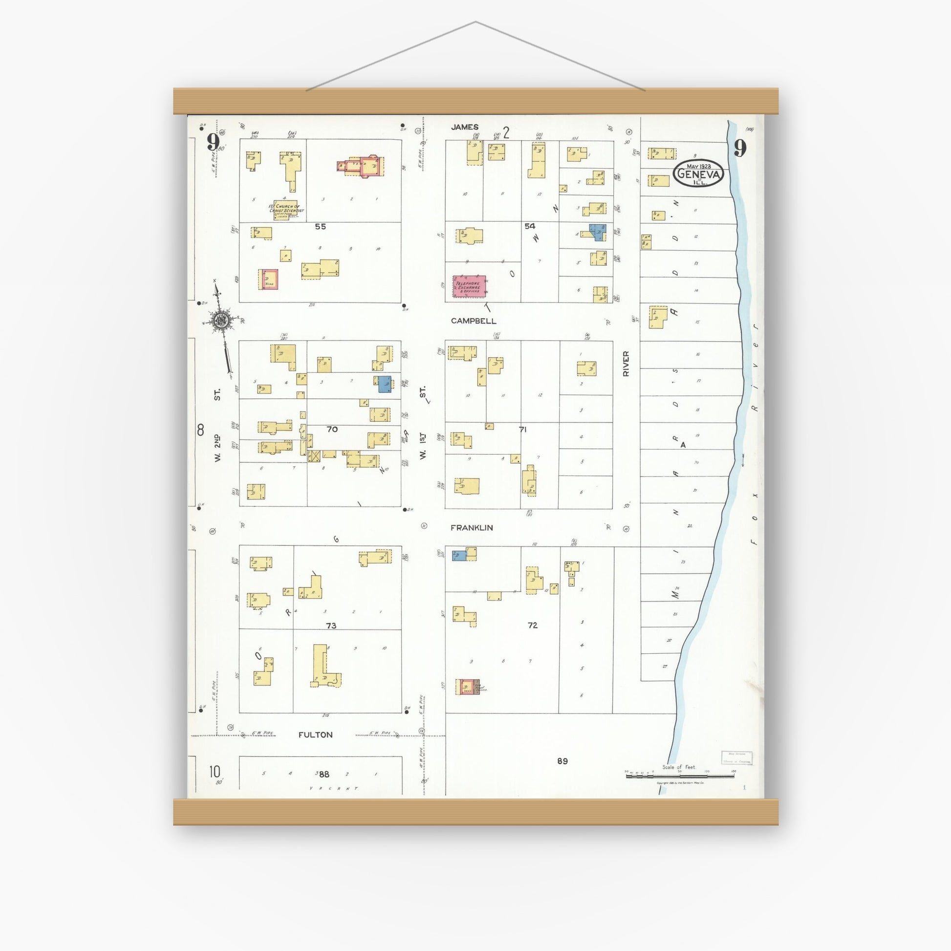 Old map wall art mockup — magnetic wood frame on white wall — Sanborn Fire Insurance Map from Geneva, Kane County, Illinois (1923), Sheet #0009