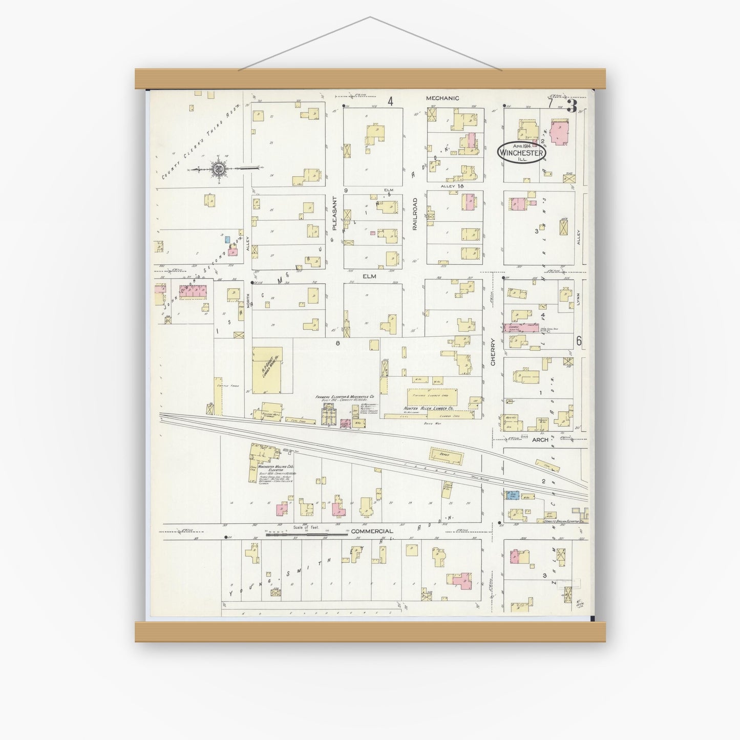 Old map wall art mockup — magnetic wood frame on white wall — Sanborn Fire Insurance Map from Winchester, Scott County, Illinois (1914), Sheet #0003