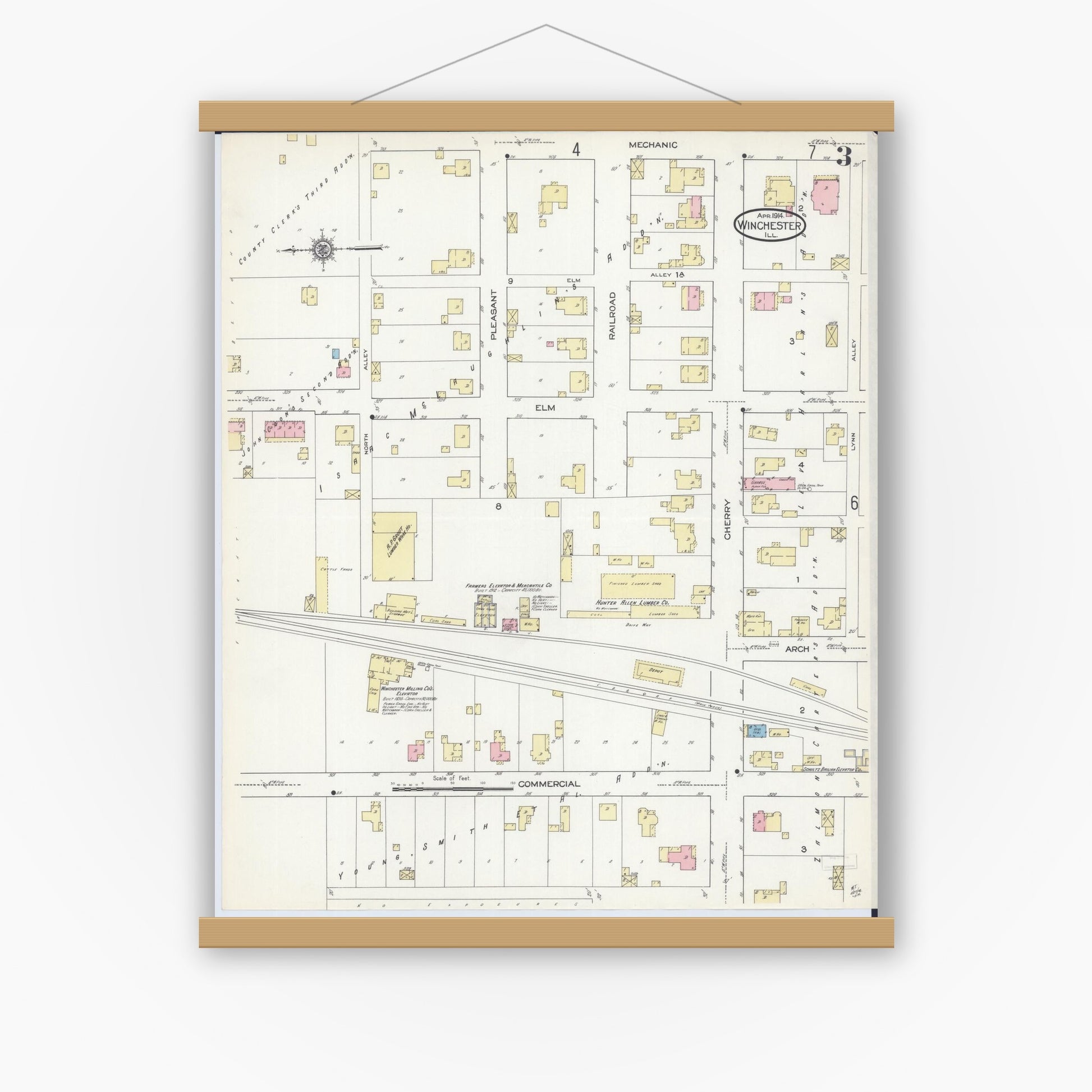 Old map wall art mockup — magnetic wood frame on white wall — Sanborn Fire Insurance Map from Winchester, Scott County, Illinois (1914), Sheet #0003