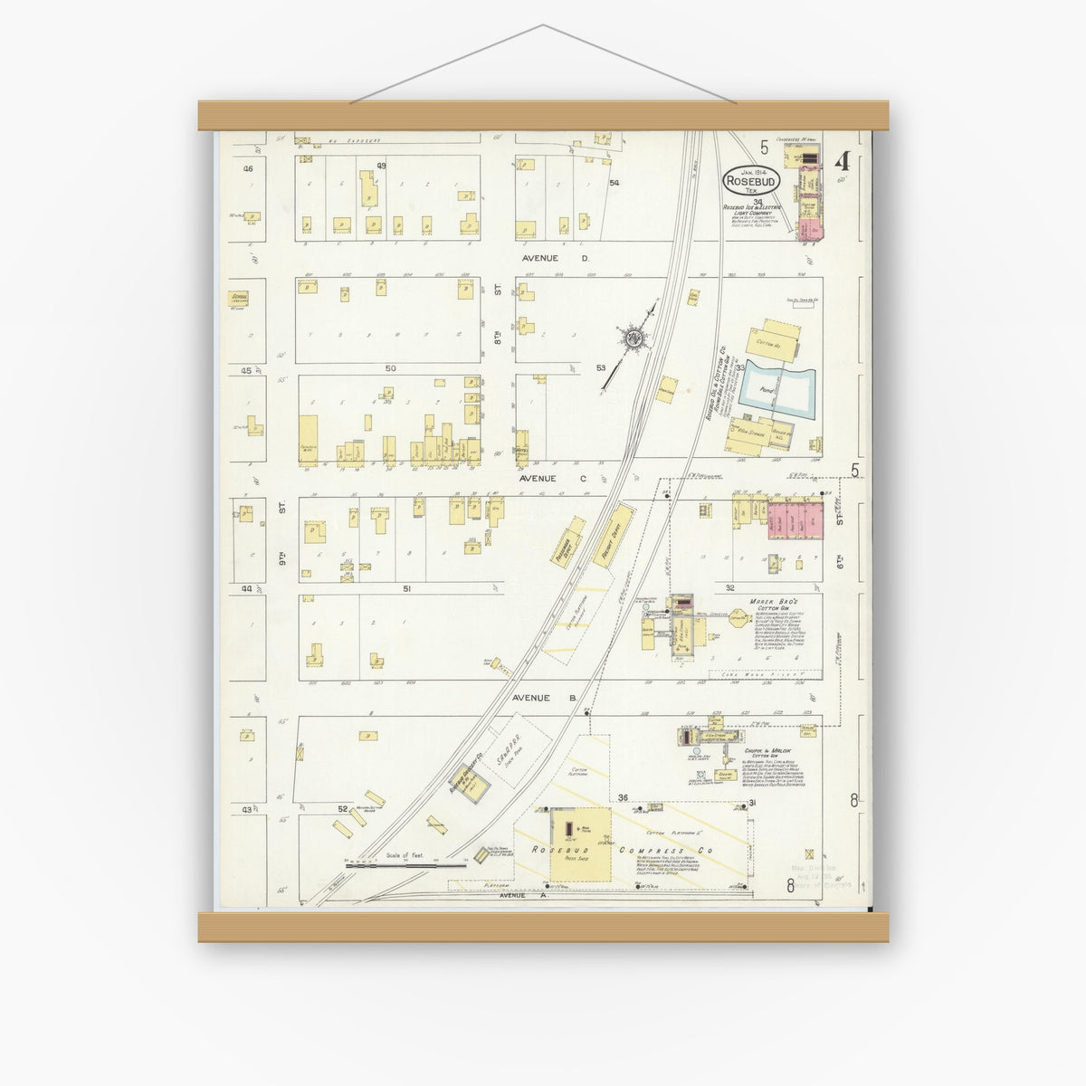 Old map wall art mockup — magnetic wood frame on white wall — Sanborn Fire Insurance Map from Rosebud, Falls County, Texas (1914), Sheet #0004