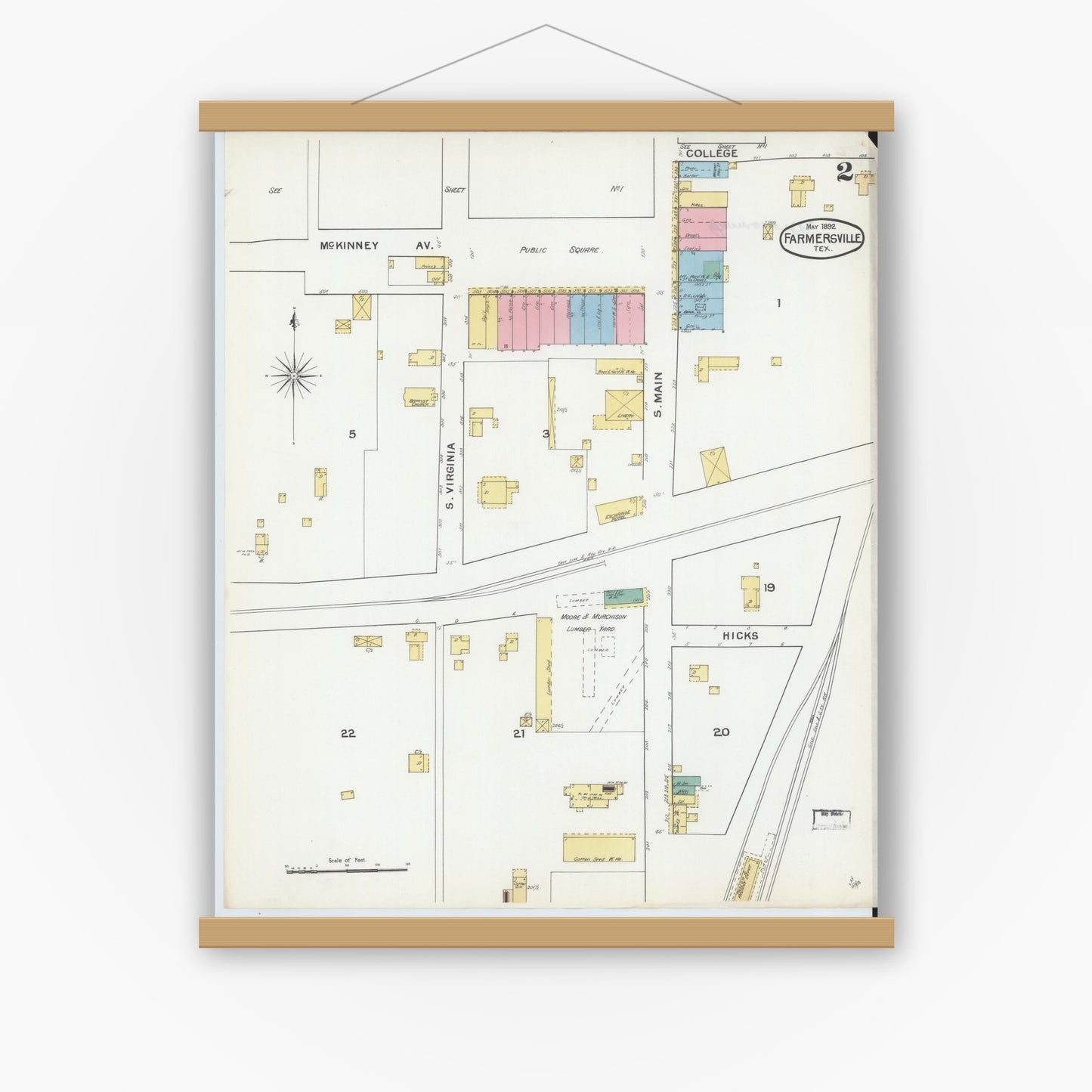 Old map wall art mockup — magnetic wood frame on white wall — Sanborn Fire Insurance Map from Farmersville, Collin County, Texas (1892), Sheet #0002
