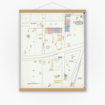 Old map wall art mockup — magnetic wood frame on white wall — Sanborn Fire Insurance Map from Farmersville, Collin County, Texas (1892), Sheet #0002