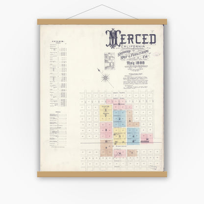 Old map wall art mockup — magnetic wood frame on white wall — Sanborn Fire Insurance Map from Merced, Merced County, California (1888) - Complete Map Set