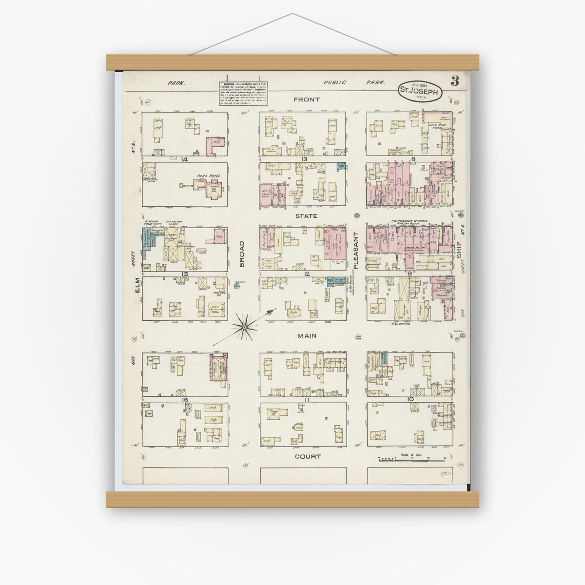 Old map wall art mockup — magnetic wood frame on white wall — Sanborn Fire Insurance Map from Saint Joseph, Berrien County, Michigan (1884), Sheet #0003