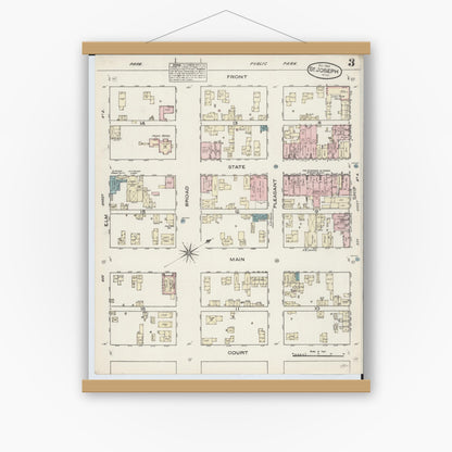 Old map wall art mockup — magnetic wood frame on white wall — Sanborn Fire Insurance Map from Saint Joseph, Berrien County, Michigan (1884), Sheet #0003