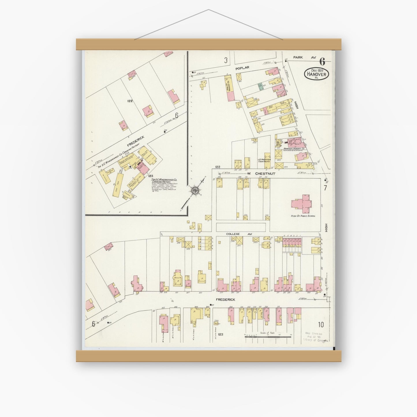 Old map wall art mockup — magnetic wood frame on white wall — Sanborn Fire Insurance Map from Hanover, York County, Pennsylvania (1909), Sheet #0006