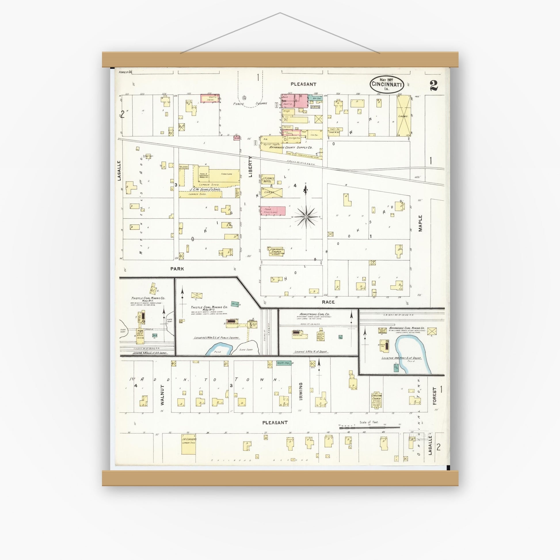 Old map wall art mockup — magnetic wood frame on white wall — Sanborn Fire Insurance Map from Cincinnati, Appanoose County, Iowa (1907), Sheet #0002