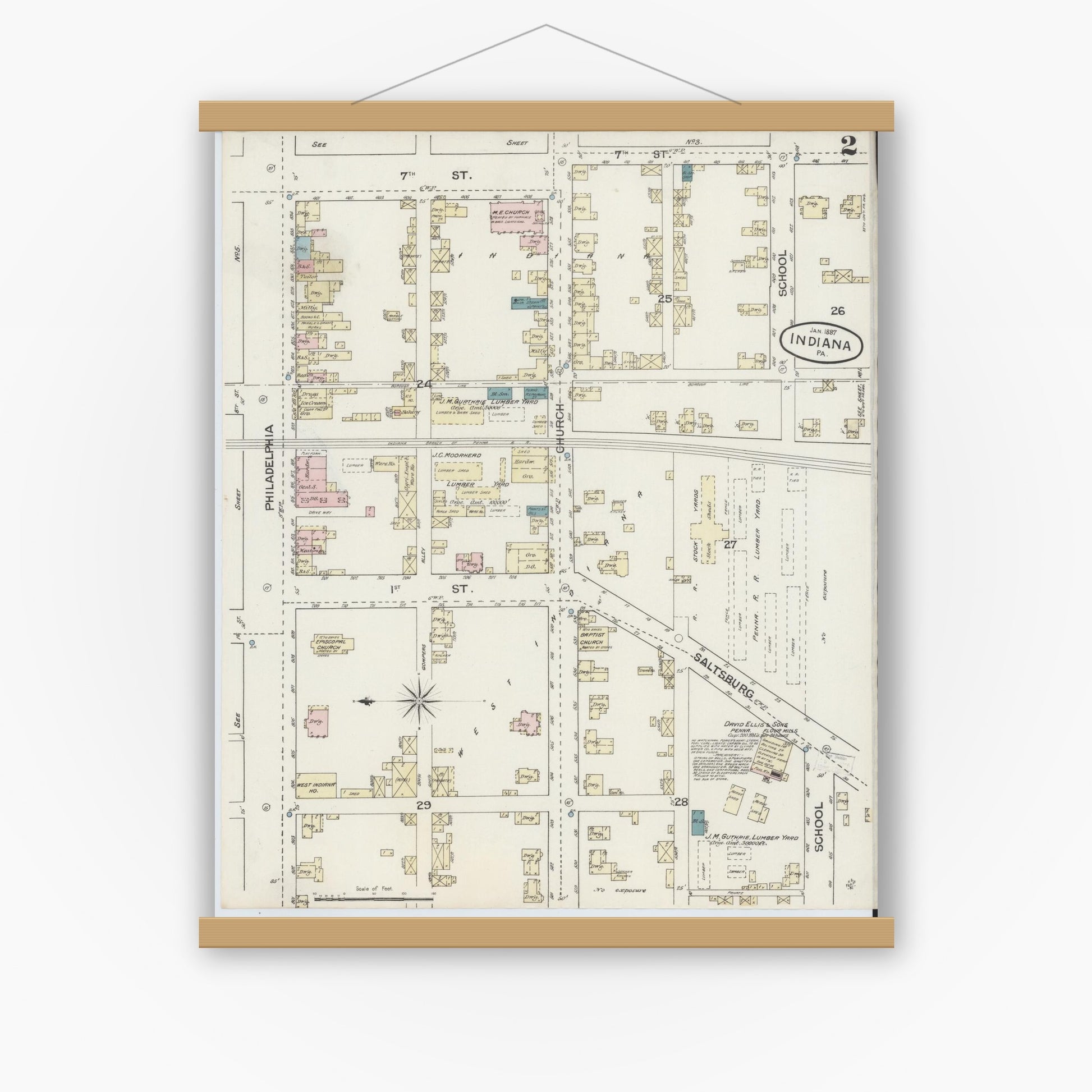 Old map wall art mockup — magnetic wood frame on white wall — Sanborn Fire Insurance Map from Indiana, Indiana County, Pennsylvania (1887), Sheet #0002