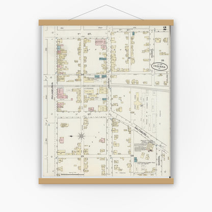 Old map wall art mockup — magnetic wood frame on white wall — Sanborn Fire Insurance Map from Indiana, Indiana County, Pennsylvania (1887), Sheet #0002