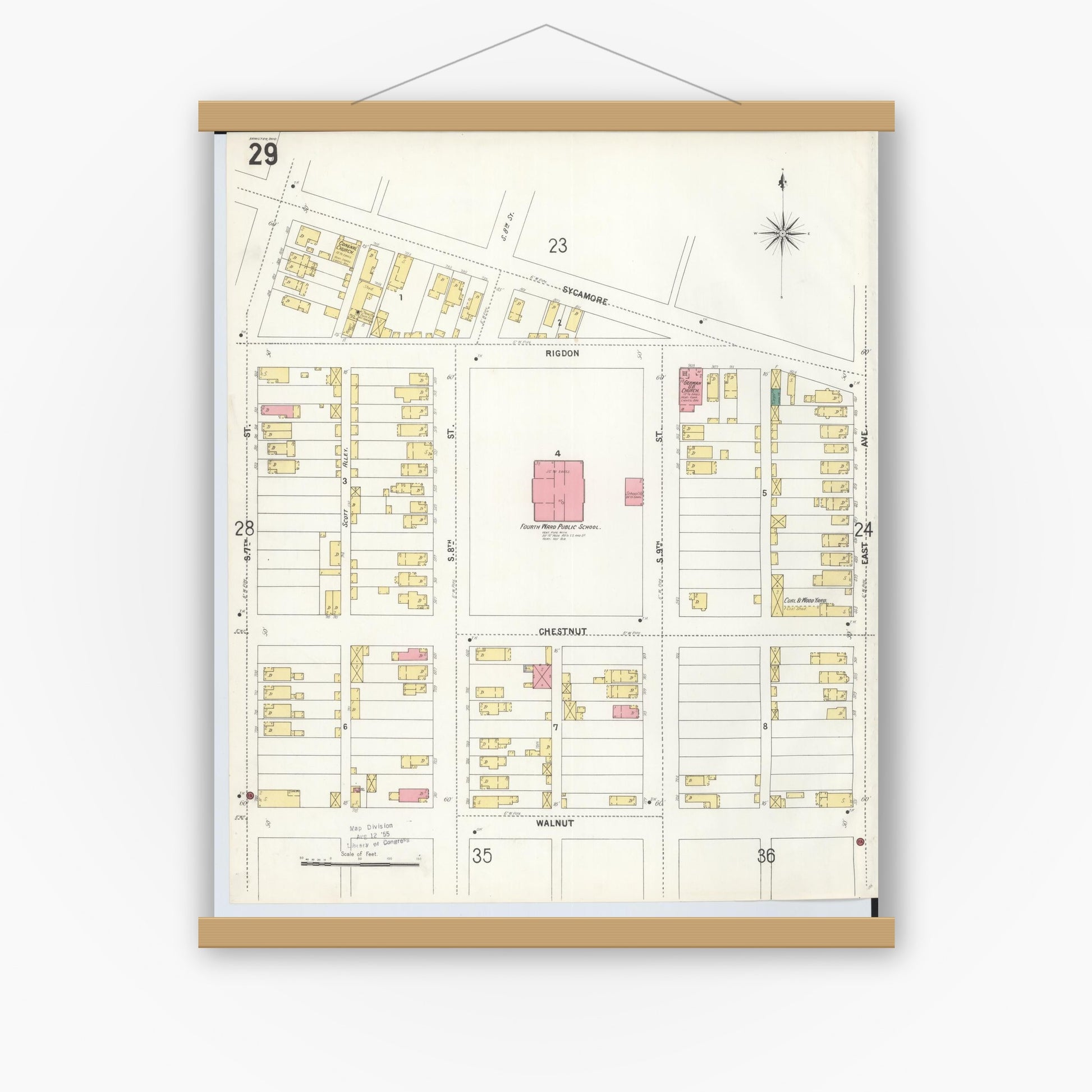 Old map wall art mockup — magnetic wood frame on white wall — Sanborn Fire Insurance Map from Hamilton, Butler County, Ohio (1899), Sheet #0029