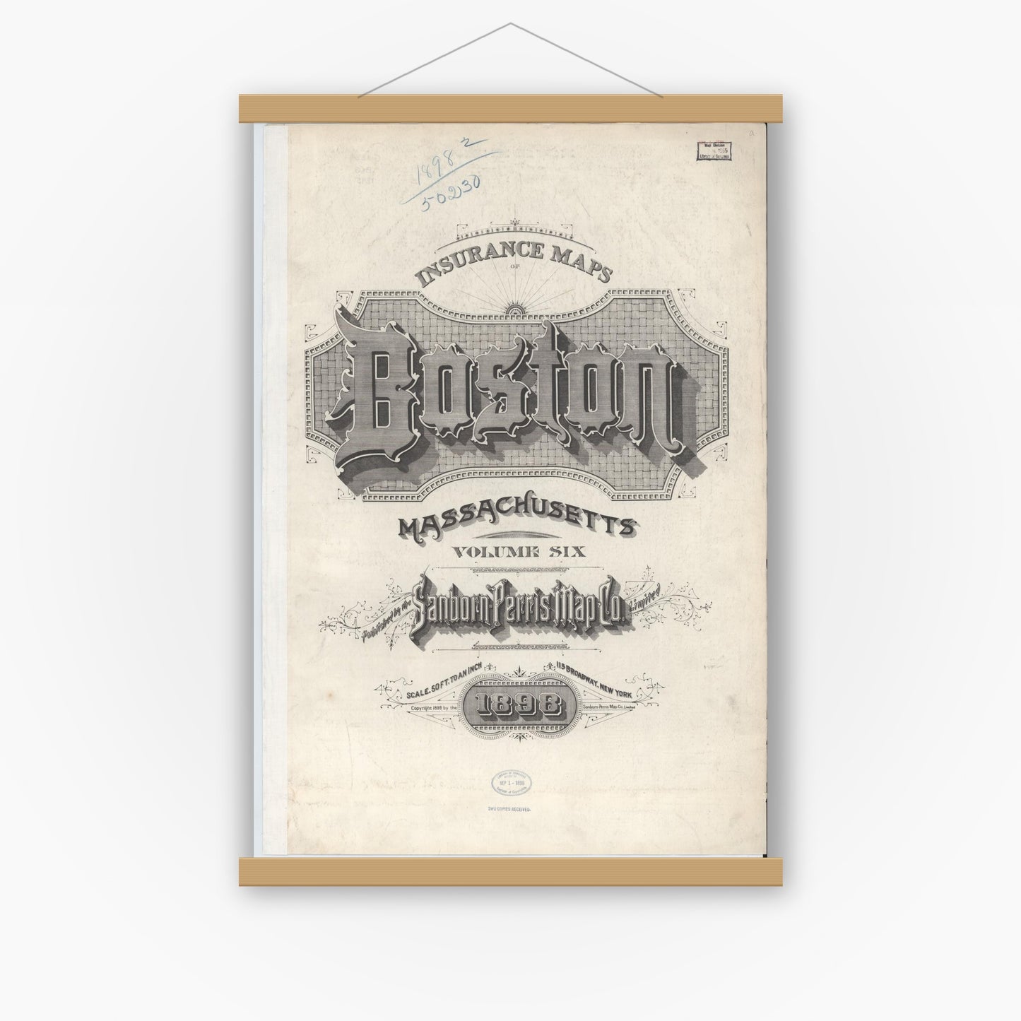 Old map wall art mockup — magnetic wood frame on white wall — Sanborn Fire Insurance Map from Boston, Suffolk County, Massachusetts (1898), Sheet #0001