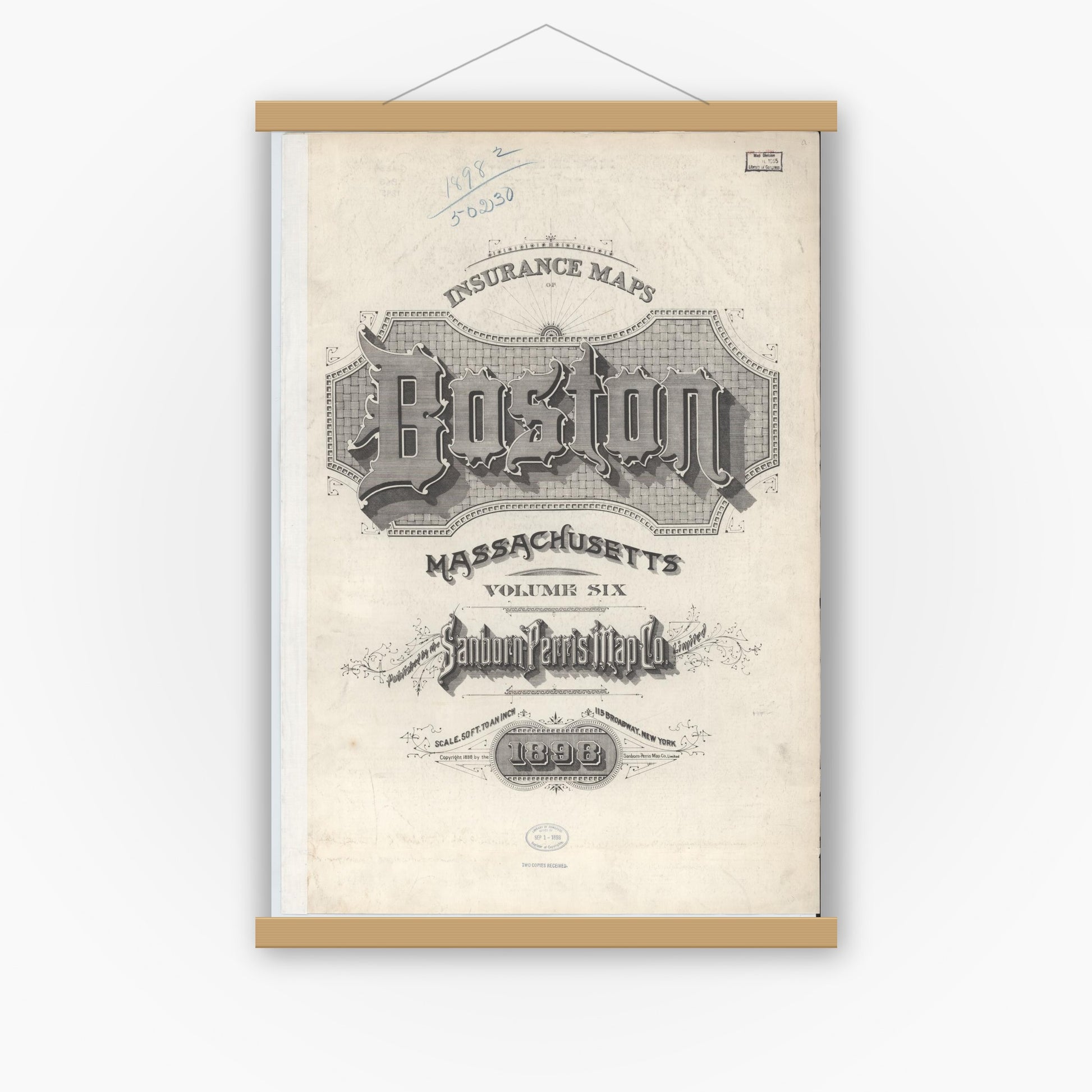 Old map wall art mockup — magnetic wood frame on white wall — Sanborn Fire Insurance Map from Boston, Suffolk County, Massachusetts (1898), Sheet #0001