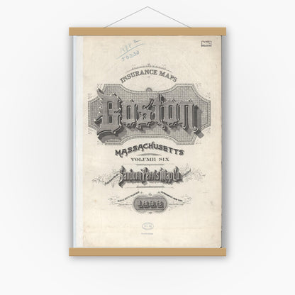 Old map wall art mockup — magnetic wood frame on white wall — Sanborn Fire Insurance Map from Boston, Suffolk County, Massachusetts (1898), Sheet #0001