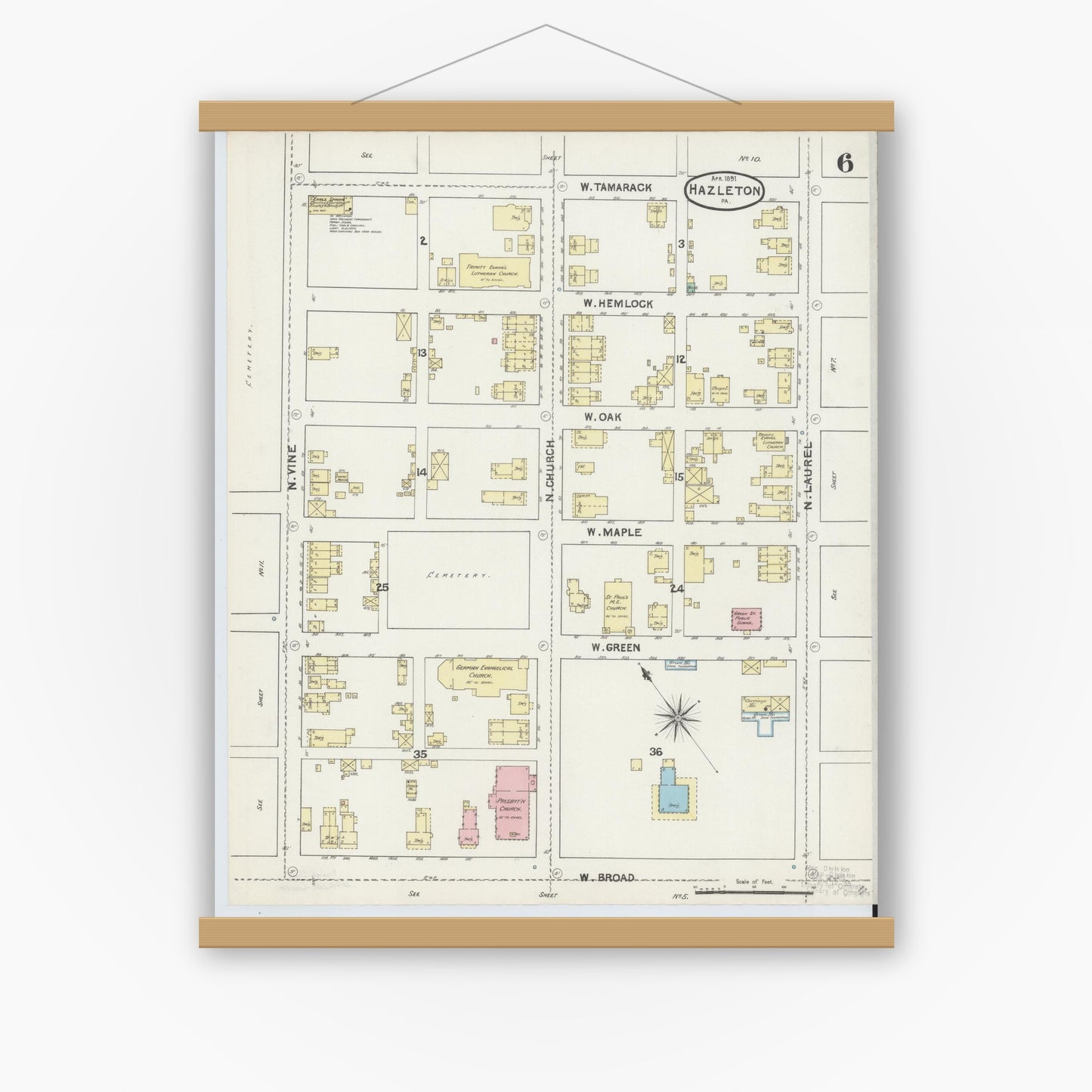Old map wall art mockup — magnetic wood frame on white wall — Sanborn Fire Insurance Map from Hazleton, Luzerne County, Pennsylvania (1891), Sheet #0006