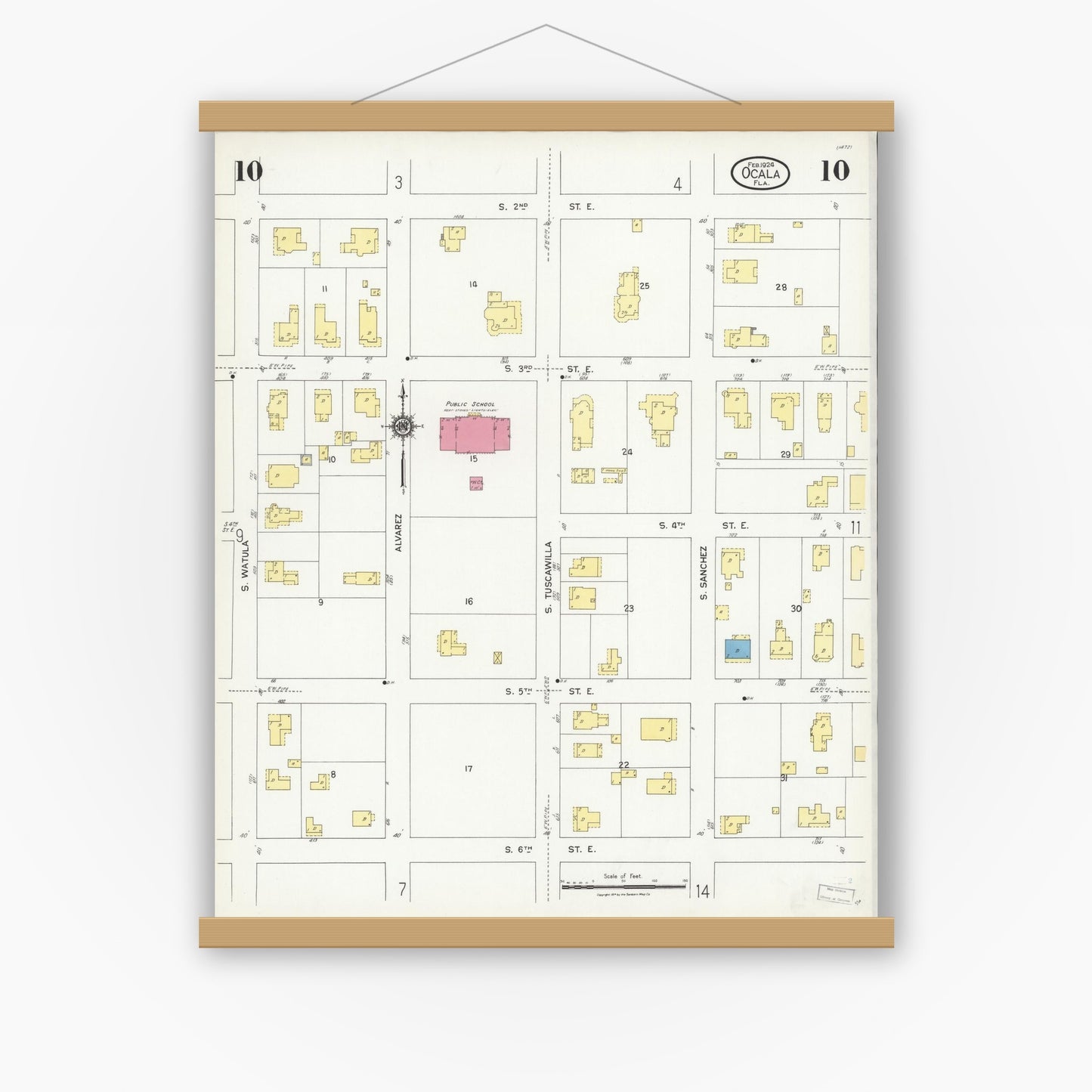 Old map wall art mockup — magnetic wood frame on white wall — Sanborn Fire Insurance Map from Ocala, Marion County, Florida (1924), Sheet #0010