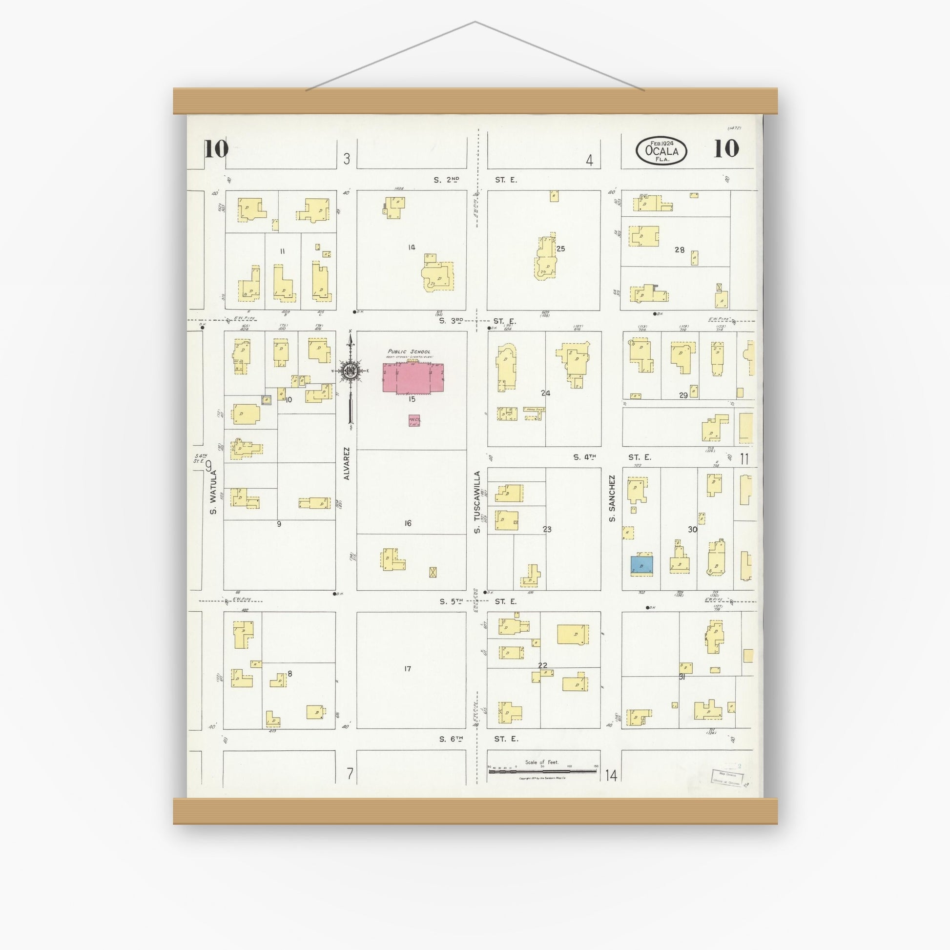 Old map wall art mockup — magnetic wood frame on white wall — Sanborn Fire Insurance Map from Ocala, Marion County, Florida (1924), Sheet #0010