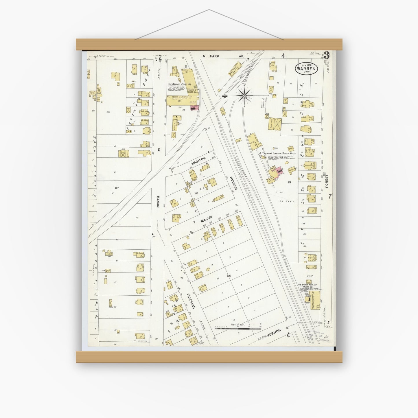 Old map wall art mockup — magnetic wood frame on white wall — Sanborn Fire Insurance Map from Warren, Trumbull County, Ohio (1908), Sheet #0003