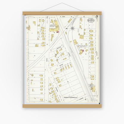 Old map wall art mockup — magnetic wood frame on white wall — Sanborn Fire Insurance Map from Warren, Trumbull County, Ohio (1908), Sheet #0003