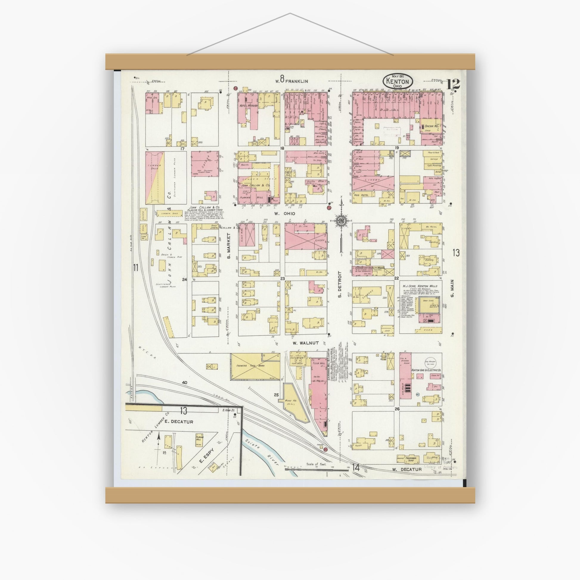 Old map wall art mockup — magnetic wood frame on white wall — Sanborn Fire Insurance Map from Kenton, Hardin County, Ohio (1911), Sheet #0012