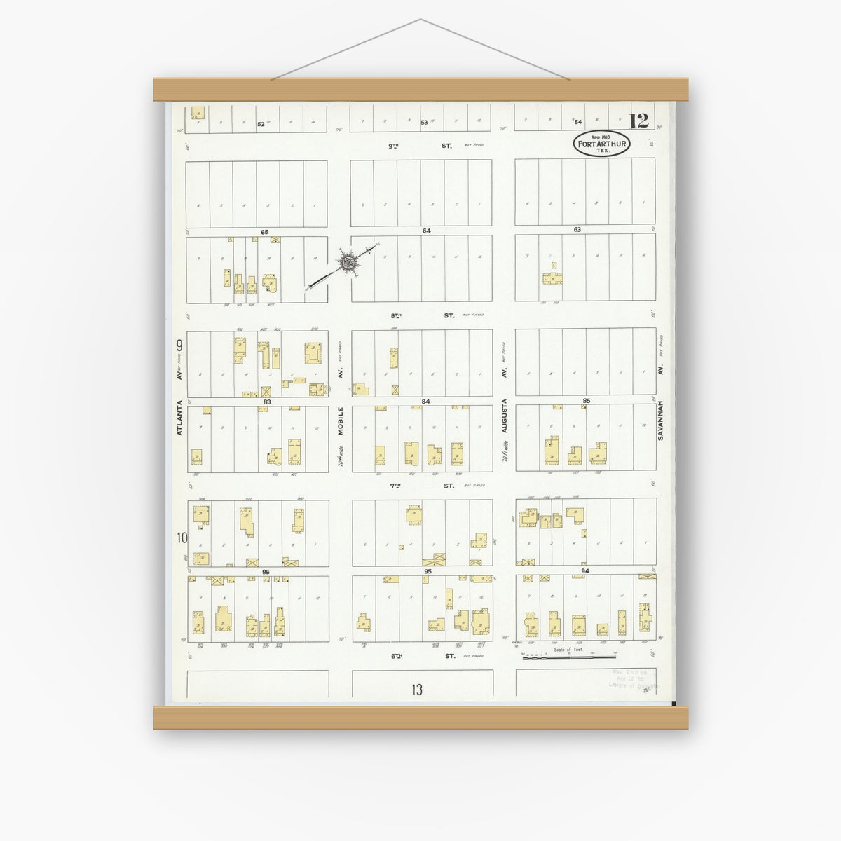 Old map wall art mockup — magnetic wood frame on white wall — Sanborn Fire Insurance Map from Port Arthur, Jefferson County, Texas (1910), Sheet #0012