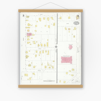 Old map wall art mockup — magnetic wood frame on white wall — Sanborn Fire Insurance Map from Canfield, Mahoning County, Ohio (1928), Sheet #0003