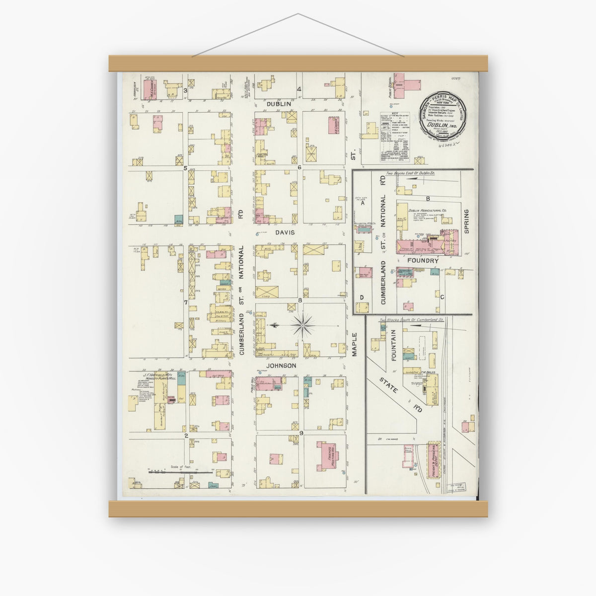 Old map wall art mockup — magnetic wood frame on white wall — Sanborn Fire Insurance Map from Dublin, Wayne County, Indiana (1892), Sheet #0001