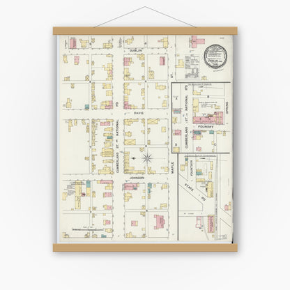 Old map wall art mockup — magnetic wood frame on white wall — Sanborn Fire Insurance Map from Dublin, Wayne County, Indiana (1892), Sheet #0001