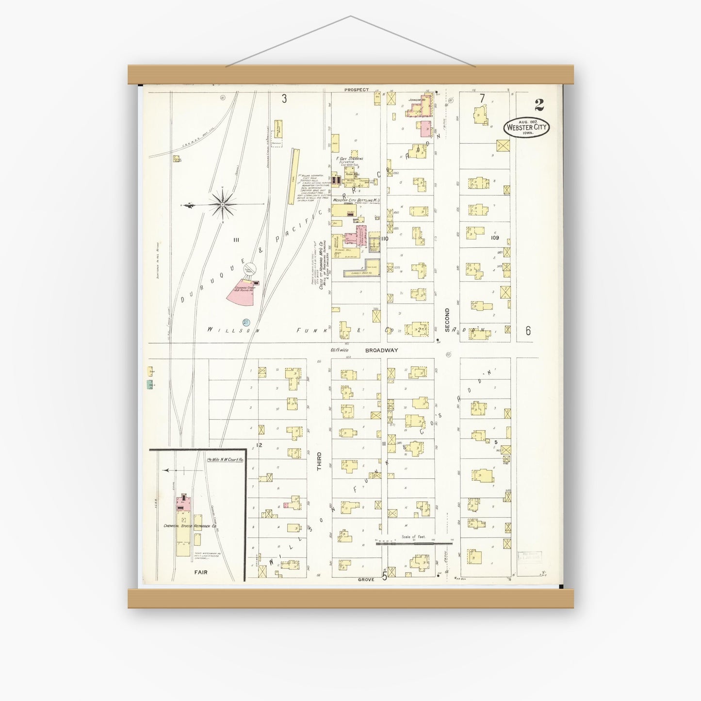 Old map wall art mockup — magnetic wood frame on white wall — Sanborn Fire Insurance Map from Webster City, Hamilton County, Iowa (1907), Sheet #0002