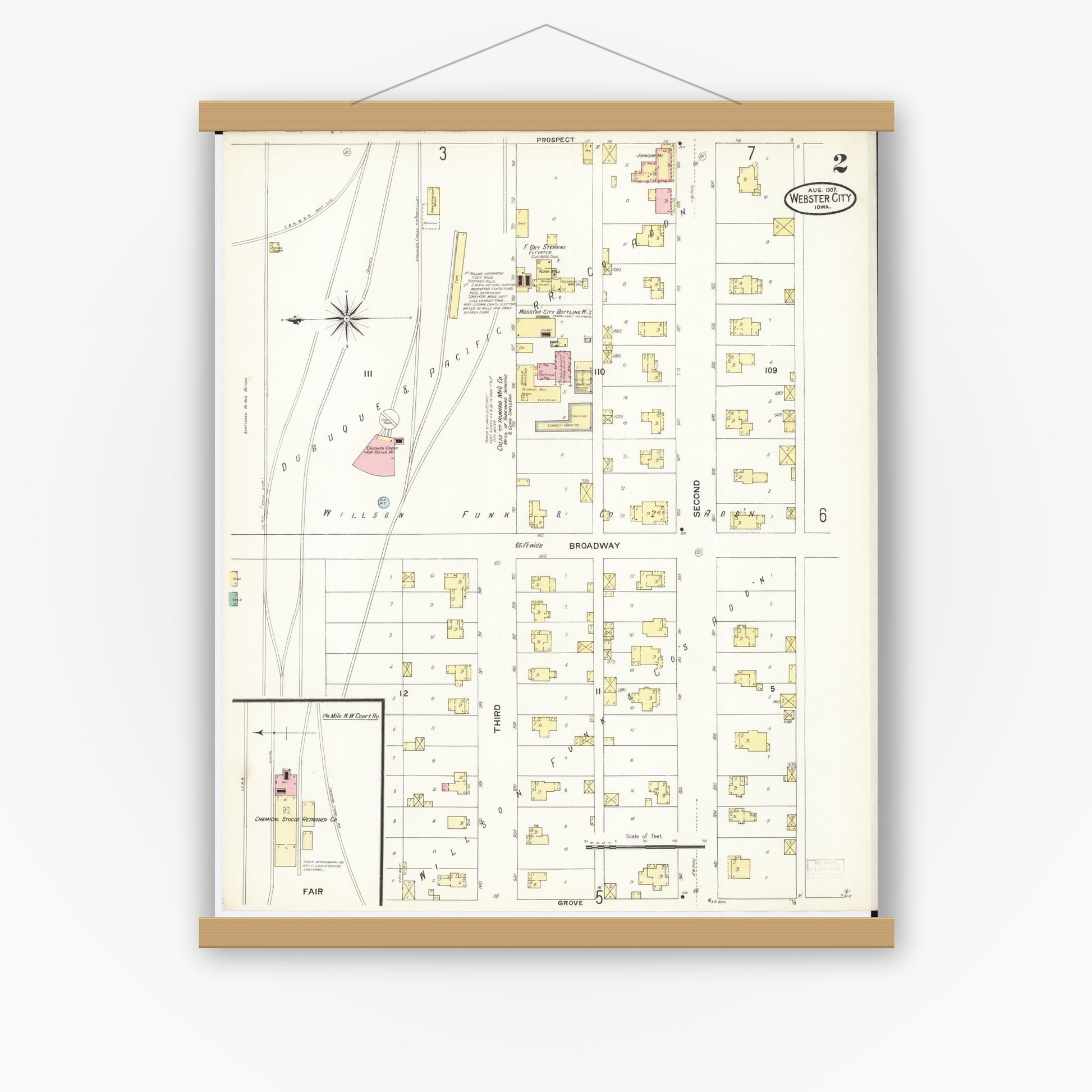 Old map wall art mockup — magnetic wood frame on white wall — Sanborn Fire Insurance Map from Webster City, Hamilton County, Iowa (1907), Sheet #0002