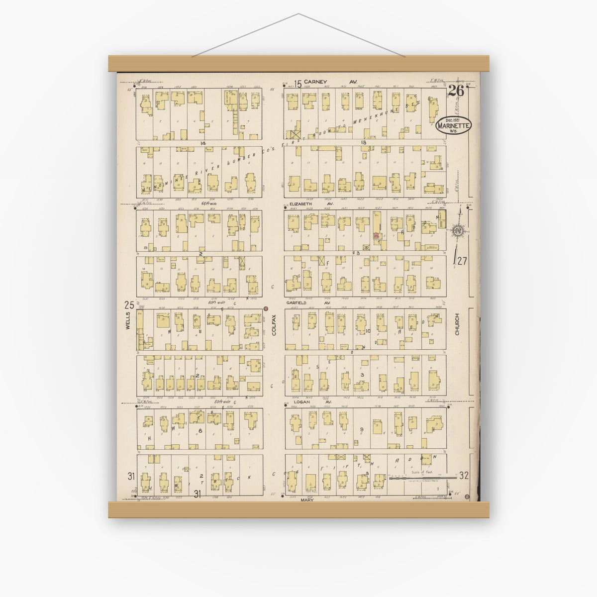 Old map wall art mockup — magnetic wood frame on white wall — Sanborn Fire Insurance Map from Marinette, Marinette County, Wisconsin (1921), Sheet #0026