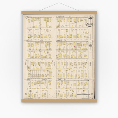 Old map wall art mockup — magnetic wood frame on white wall — Sanborn Fire Insurance Map from Marinette, Marinette County, Wisconsin (1921), Sheet #0026