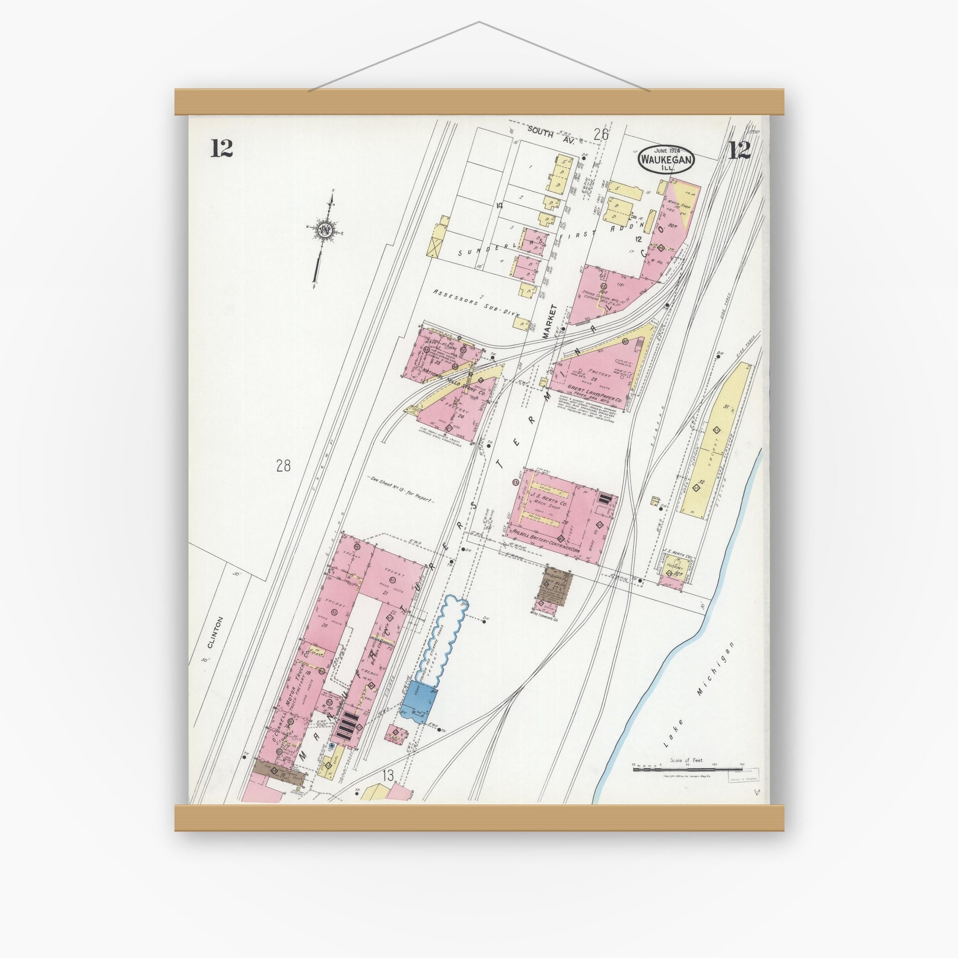 Old map wall art mockup — magnetic wood frame on white wall — Sanborn Fire Insurance Map from Waukegan, Lake County, Illinois (1924), Sheet #0012