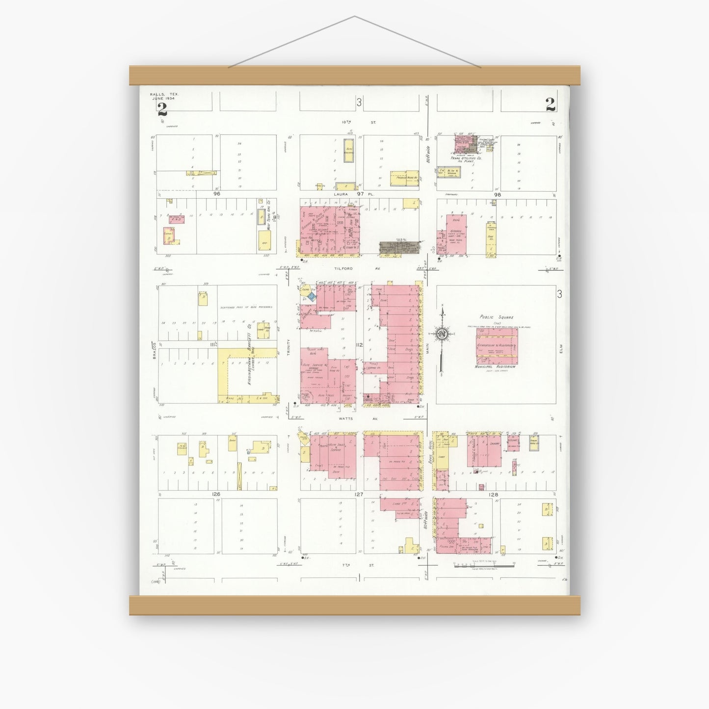 Old map wall art mockup — magnetic wood frame on white wall — Sanborn Fire Insurance Map from Ralls, Crosby County, Texas (1934), Sheet #0002