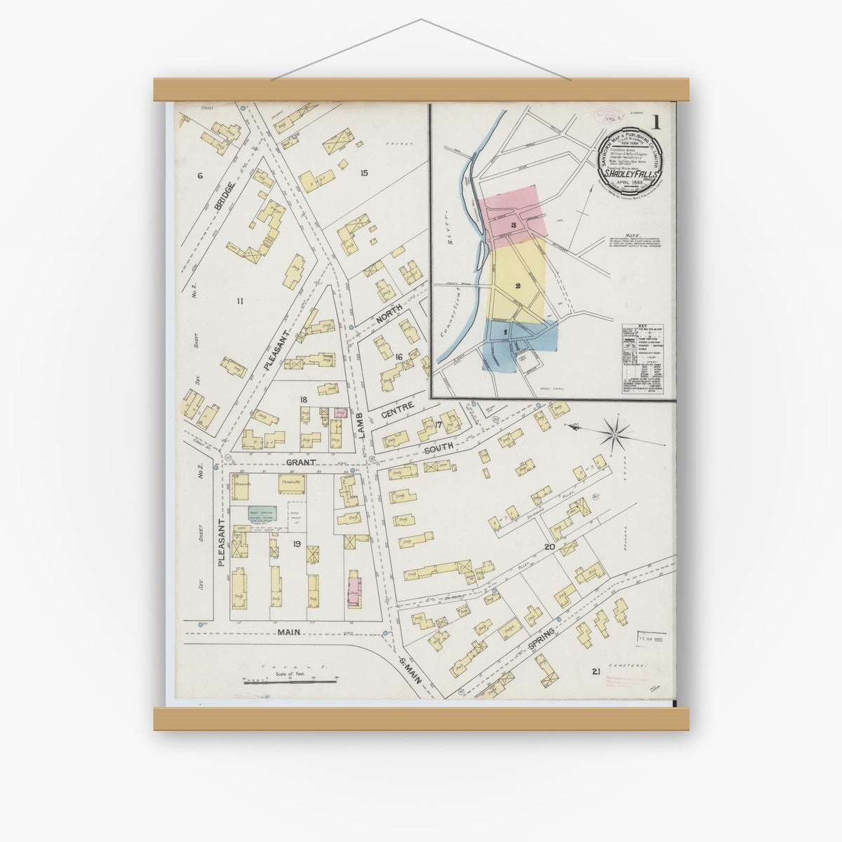Old map wall art mockup — magnetic wood frame on white wall — Sanborn Fire Insurance Map from South Hadley Falls, Hampshire County, Massachusetts (1889) - Complete Map Set