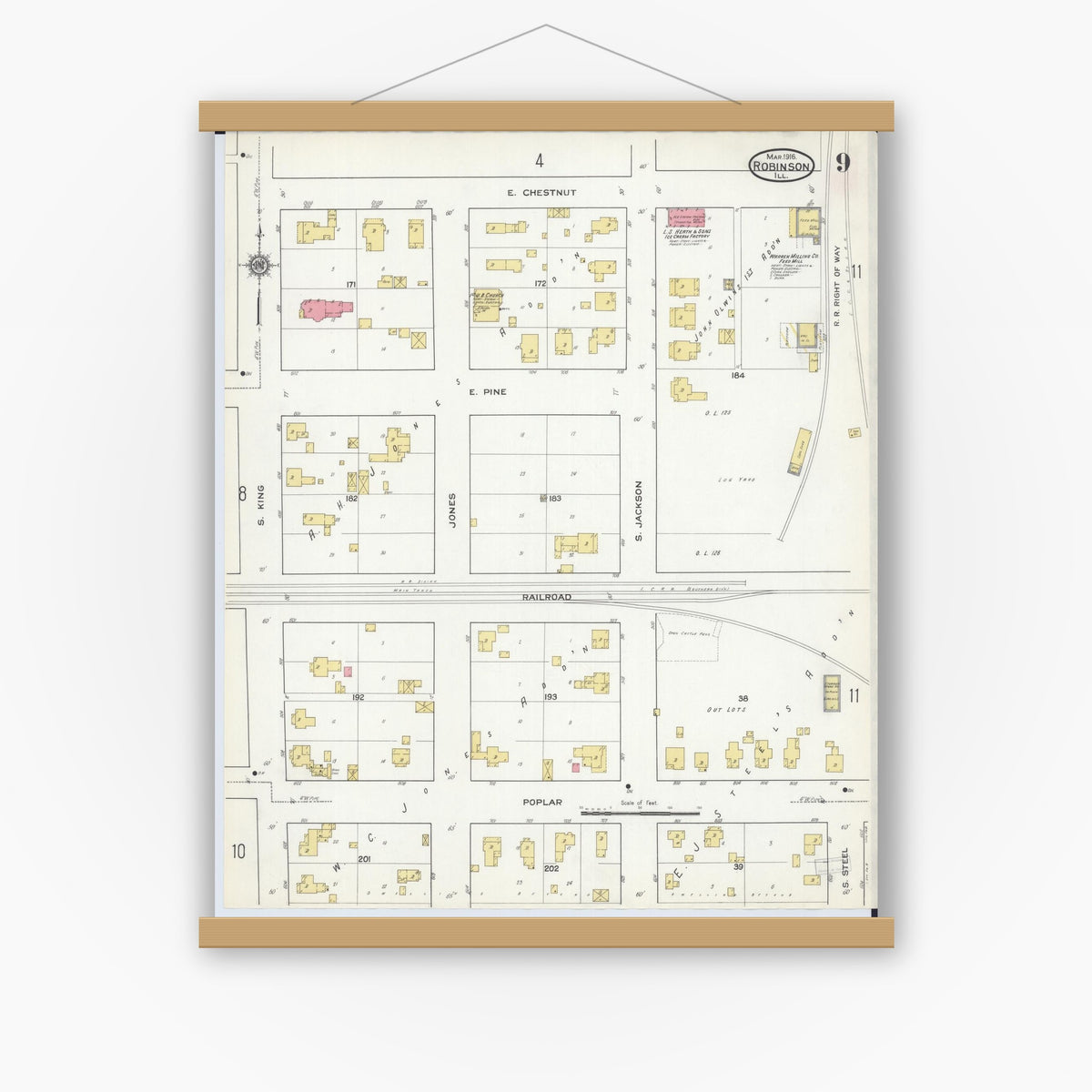 Old map wall art mockup — magnetic wood frame on white wall — Sanborn Fire Insurance Map from Robinson, Crawford County, Illinois (1916), Sheet #0009